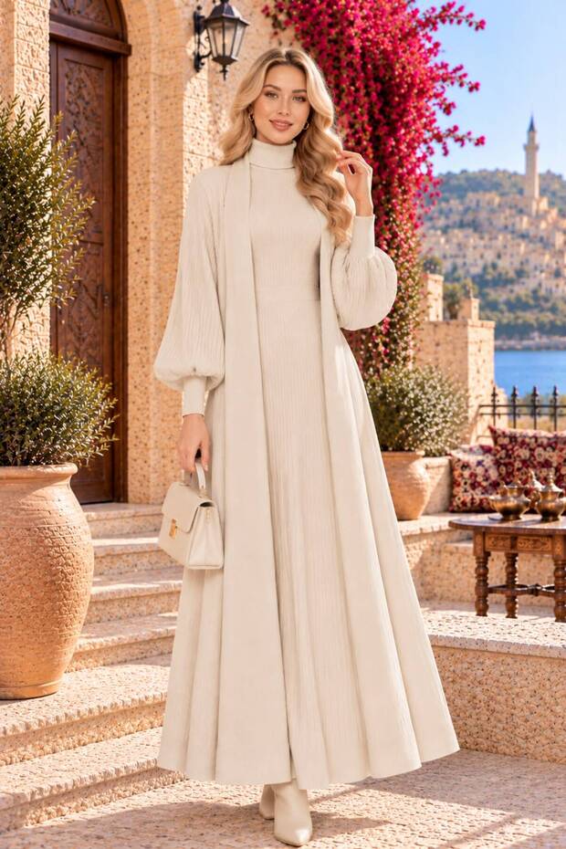 Women's Standing Collar Long Cardigan Knitwear Set