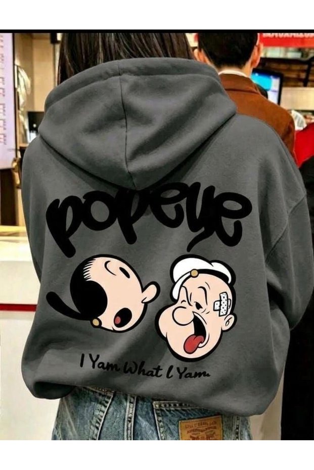 Unisex Popeye Printed 3-Thread Oversize Hooded Sweatshirt