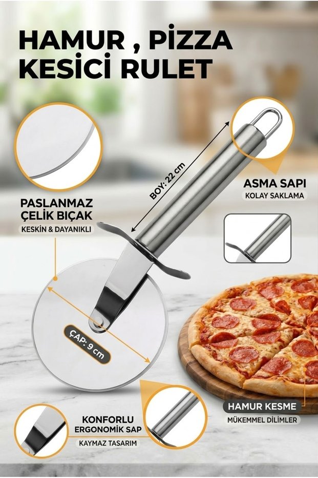 Stainless Steel Pizza Cutter Roulette - Dough and Pastry Slicer Knife 22 cm (9 cm Blade Diameter)