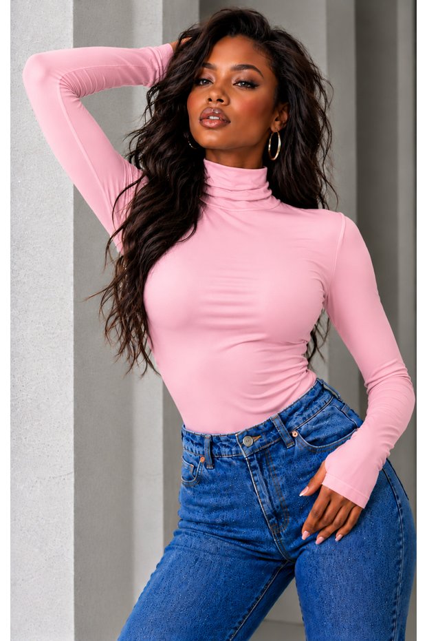 Women's High Collar Finger Detail Bodysuit, 100% Cotton Lycra