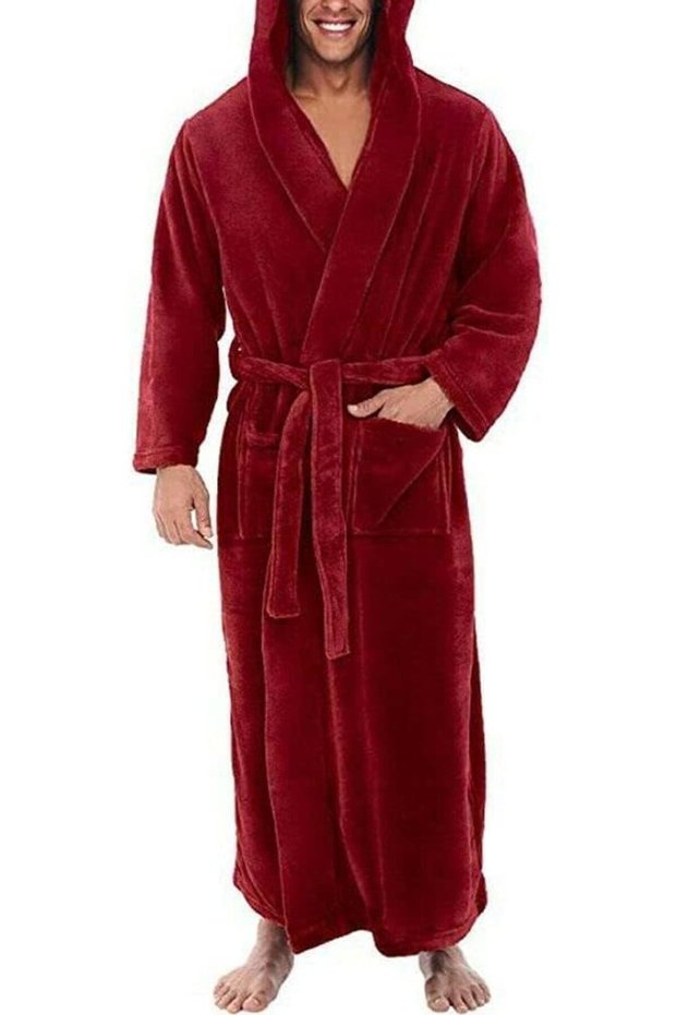 Men'S Soft Fleece Solid Color Pocket Long Bathrobe