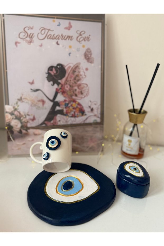 Handmade Evil Eye Beaded Porcelain Cup and Boxed Set