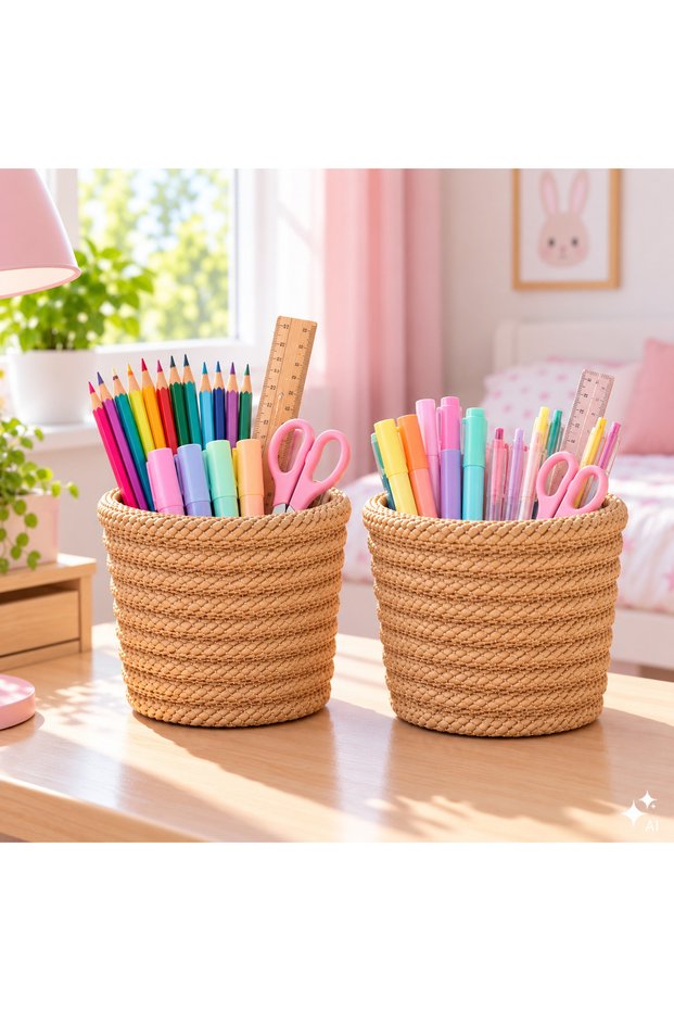 12X11 cm Mini 2-Piece Multi-Purpose Wicker-Look Mesh Basket, Pen Holder and Makeup Organizer, Decorative Storage Basket