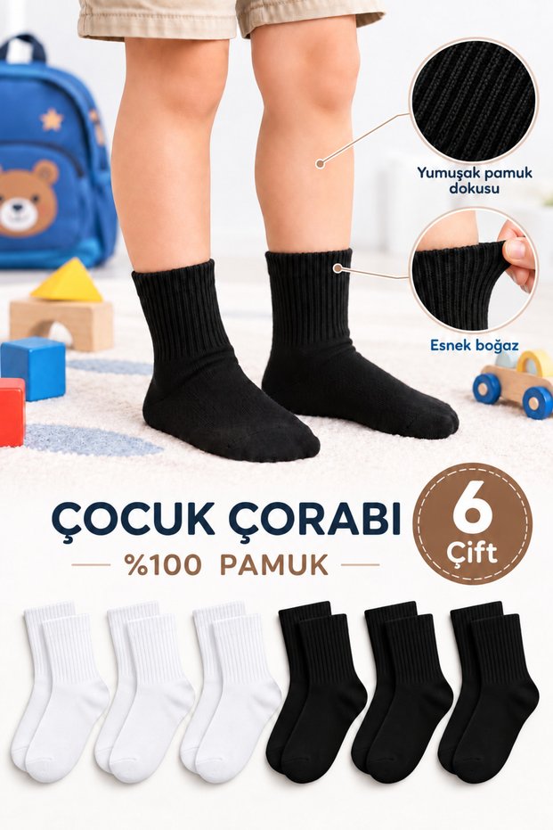 100% Cotton Children's Socks Long Socks College Socks Soft Flexible Solid Color Unisex Premium Quality 6 Pairs
