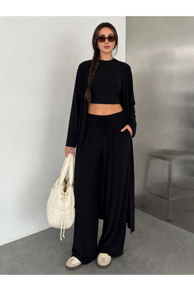 Women's Comfort Sandy Fabric Three-Piece Ensemble (Cardigan, Crop Pants)