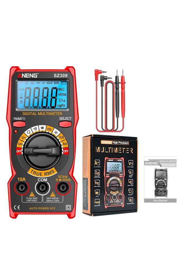 جهاز قياس ذكي SZ309 متعدد الوظائف بدقة عالية 1999 عداد، جهاز اختبار كهربائي مع شاشة LCD مضاءة خلفياً، مقياس فولت وامبير للتيار المتردد والمستمر