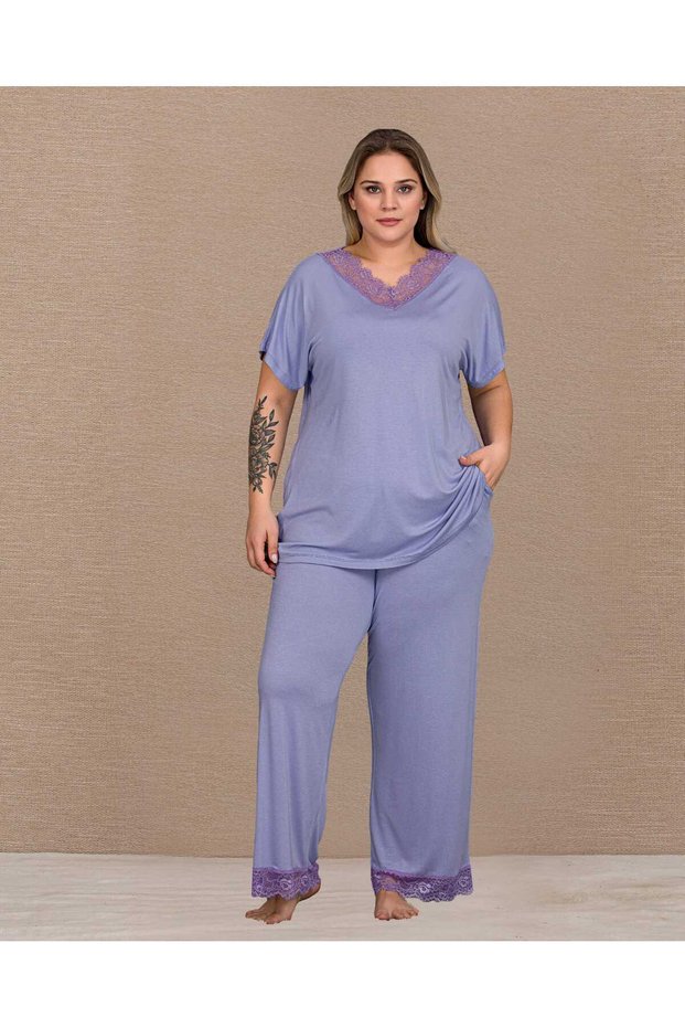 Short Sleeve Lace Detailed Plus Size Pajama Set