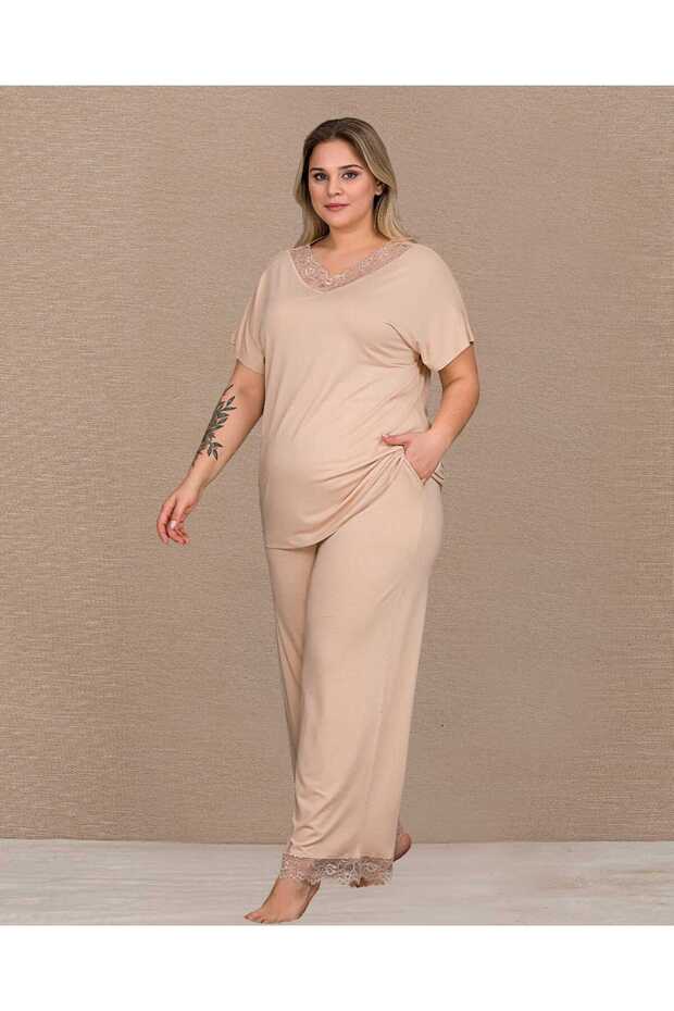 Short Sleeve Lace Detailed Plus Size Pajama Set