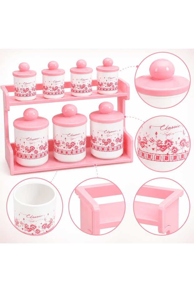 7-Piece Kitchen Spice Rack Set with 3 Large Tea, Coffee & Sugar Jars and 4 Small Spice Containers, Pink & White