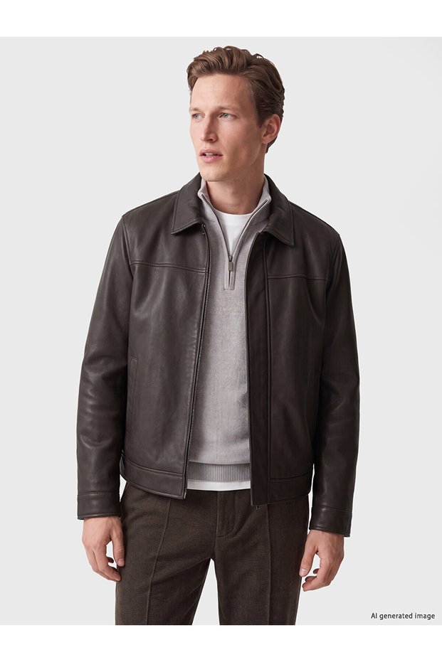 Özmarka New Season Brown Regular Fit Men's Leather Look Coat