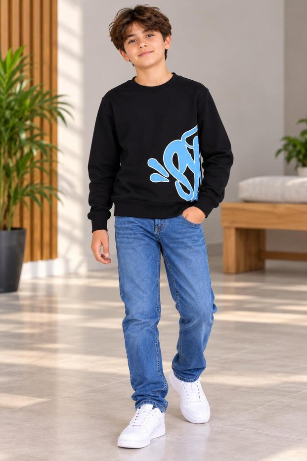 Boy's Black Blue Printed Crew Neck Sweatshirt