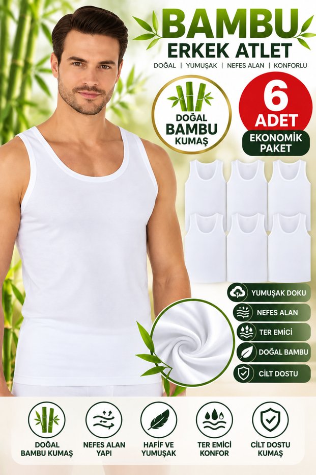 Özten Men's Bamboo Undershirt 6-Piece Pack with Straps Soft Breathable Comfortable Daily Underwear Undershirt Set