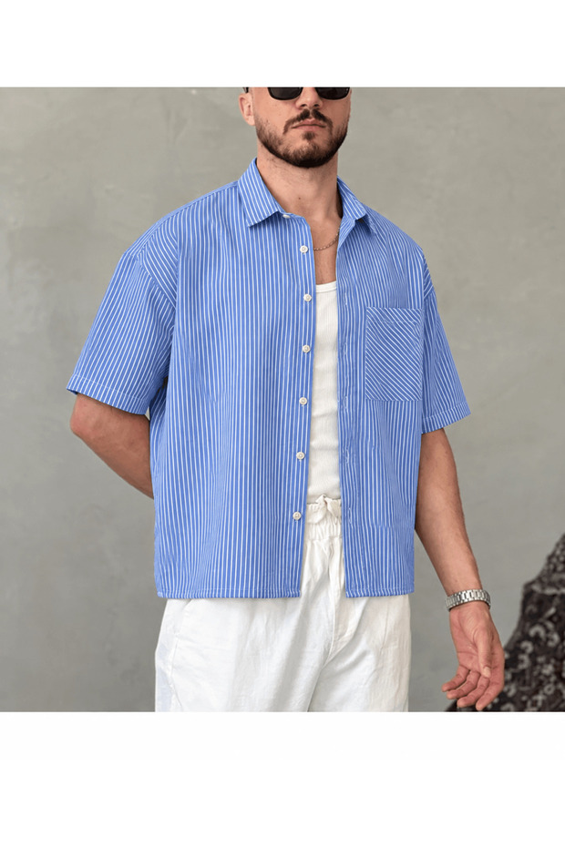 Oversize Thin Striped Short Sleeve Men's Shirt - Hpm - Blue
