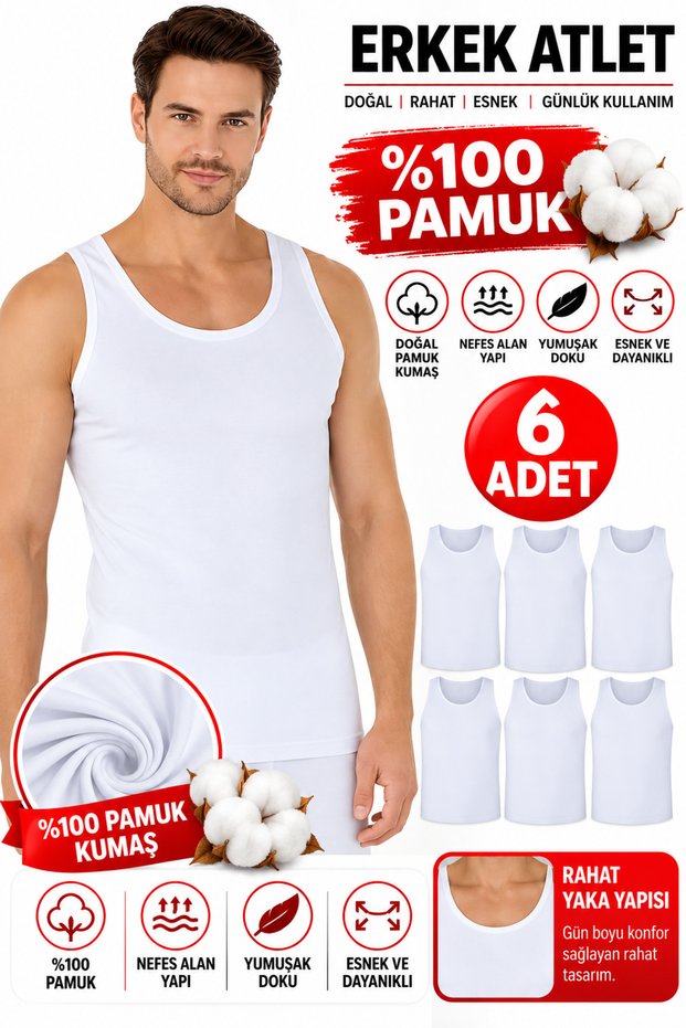 Özten Men's Undershirt 6-Pack 100% Cotton Comfortable and Breathable Casual Undershirt Set with Straps