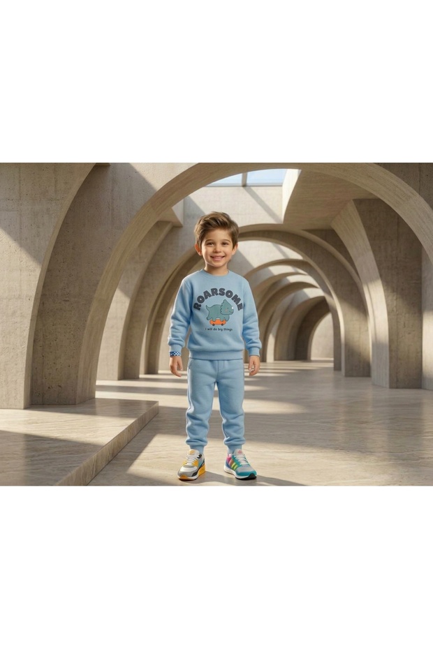 Dinosaur Printed Blue Boys' Top and Bottom Set