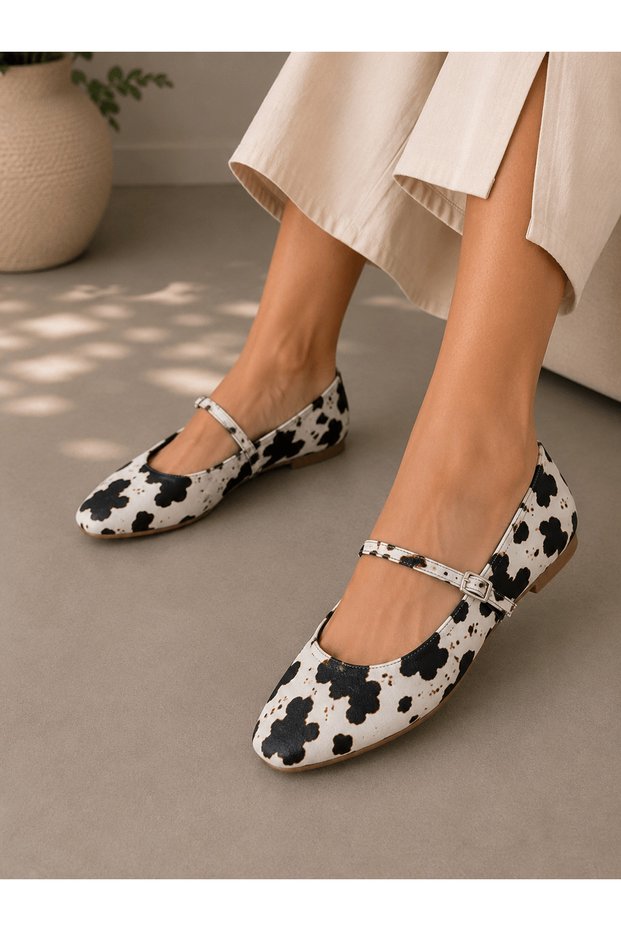 Single Strap Patterned Leather Ballerinas - 027 - 2145 - Black