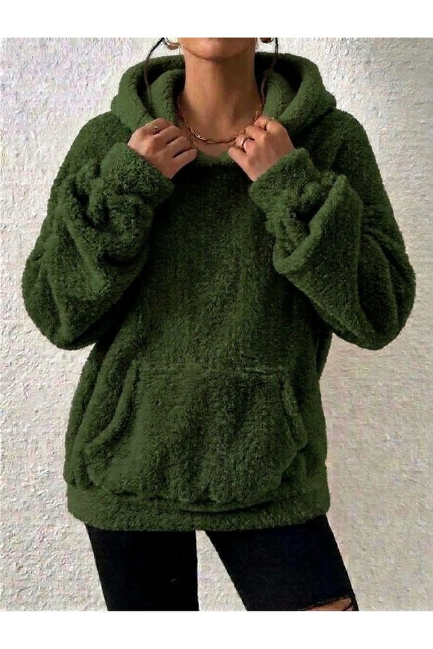 Plush Fabric Hooded Kangru Sweatshirt with Pockets and Cuffs