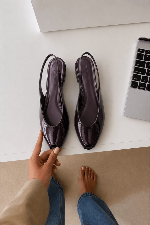 Open Toe Flat Sole Wrinkled Patent Leather Slingback Ballerinas - 157 - 500 - Black