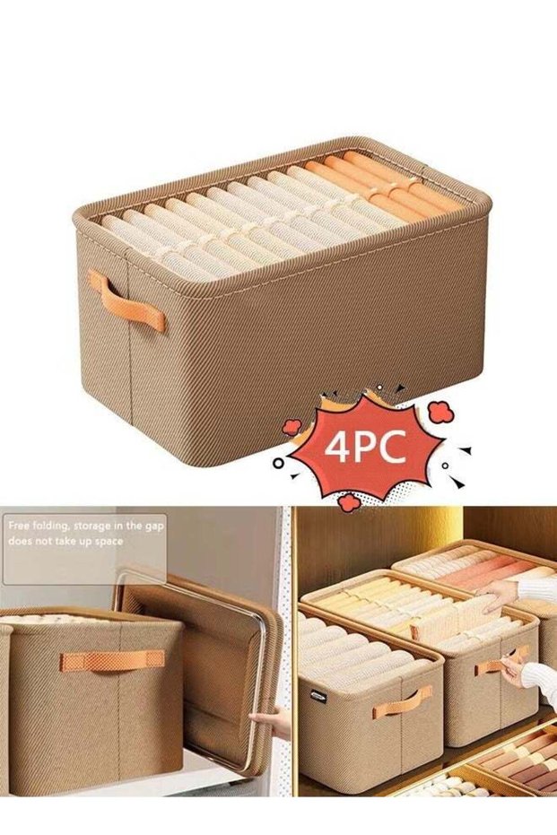4 Pack Foldable Storage Bins with Handle, Collapsible Fabric Closet Organizer Boxes, Stackable Clothes Storage Containers, Khaki