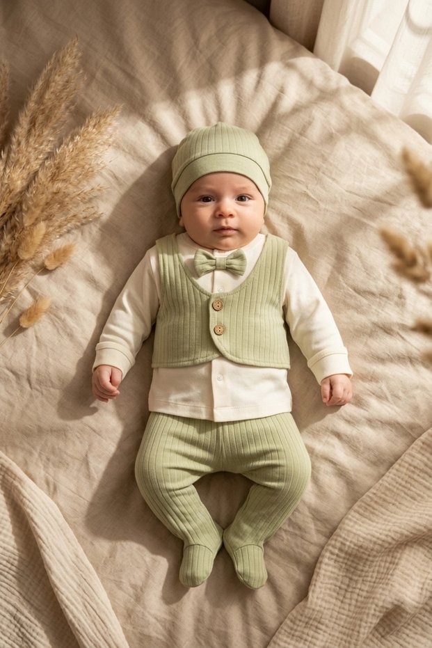 Baby Boys 3-Piece Ribbed Tuxedo Set - Green Vest with Bow Tie Top, Footed Pants and Beret Set