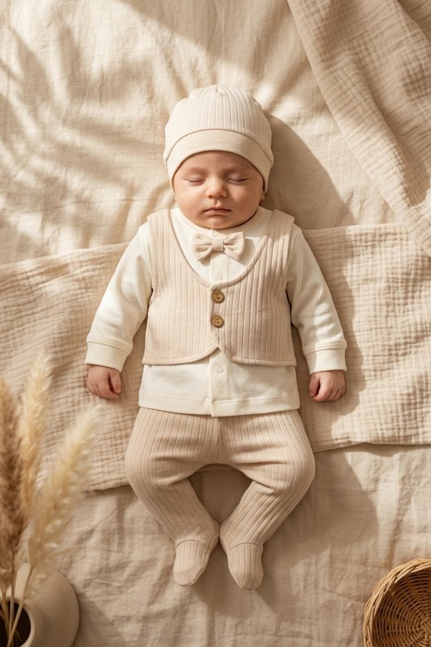 Baby Boys 3-Piece Ribbed Tuxedo Set - Cream Vest with Bow Tie Top, Footed Pants and Beret Set