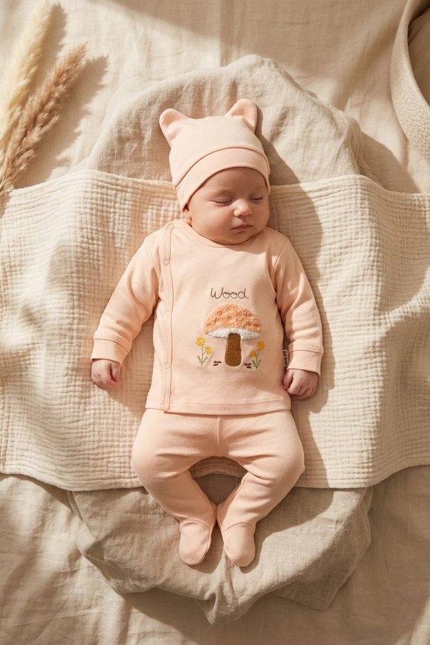 Mila Forest 100% Cotton 3-Piece Baby Set - Salmon Mushroom Embroidered Double-Breasted Top, Pants with Booties, and D