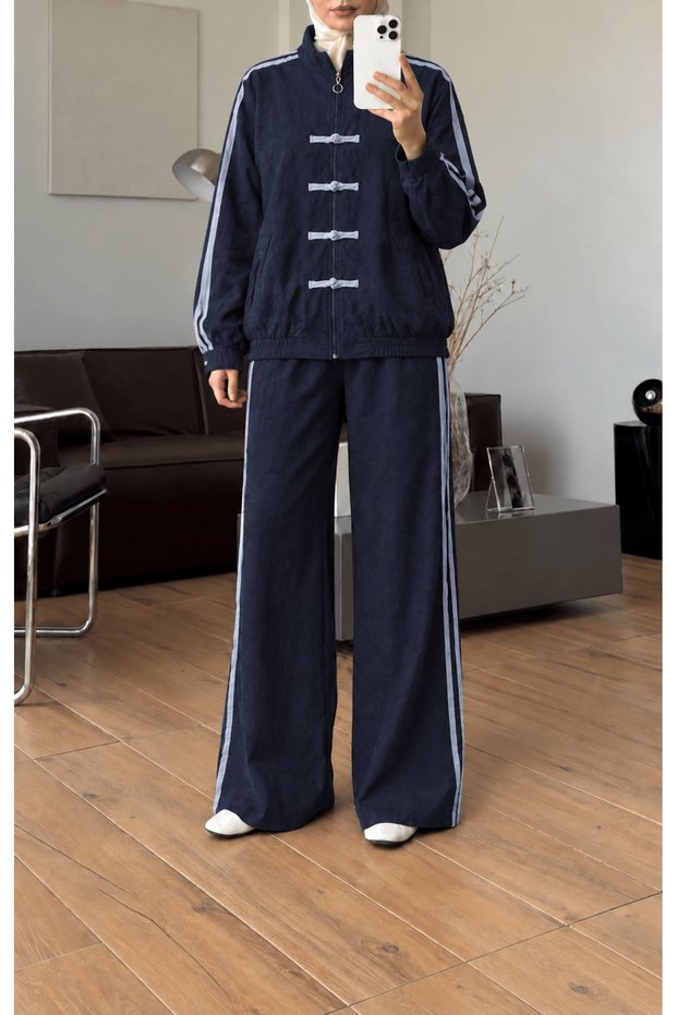 Double Stripe Detailed Trousers and Jeans Set - 82390 - Navy Blue