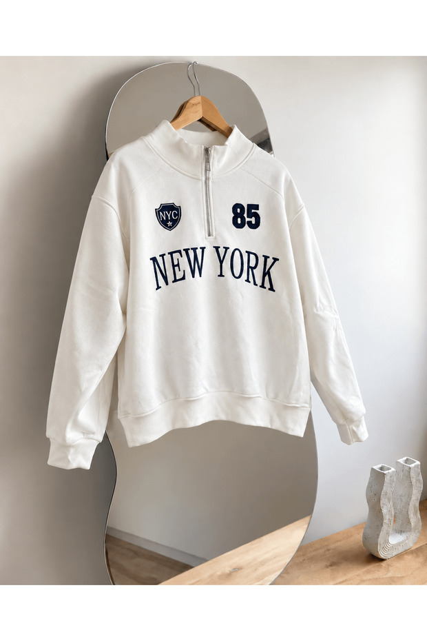 Half Zipper High Collar Sweatshirt - 7932 - Ecru