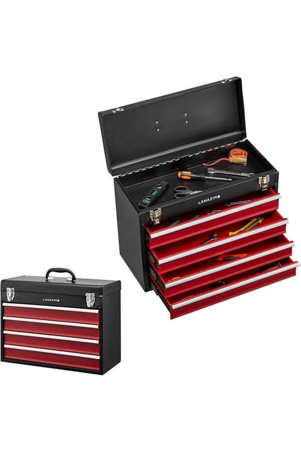 4-Drawers Tool Box with Handle -Black- Portable Tool Storage Box with Secure Latches, Multi-Com