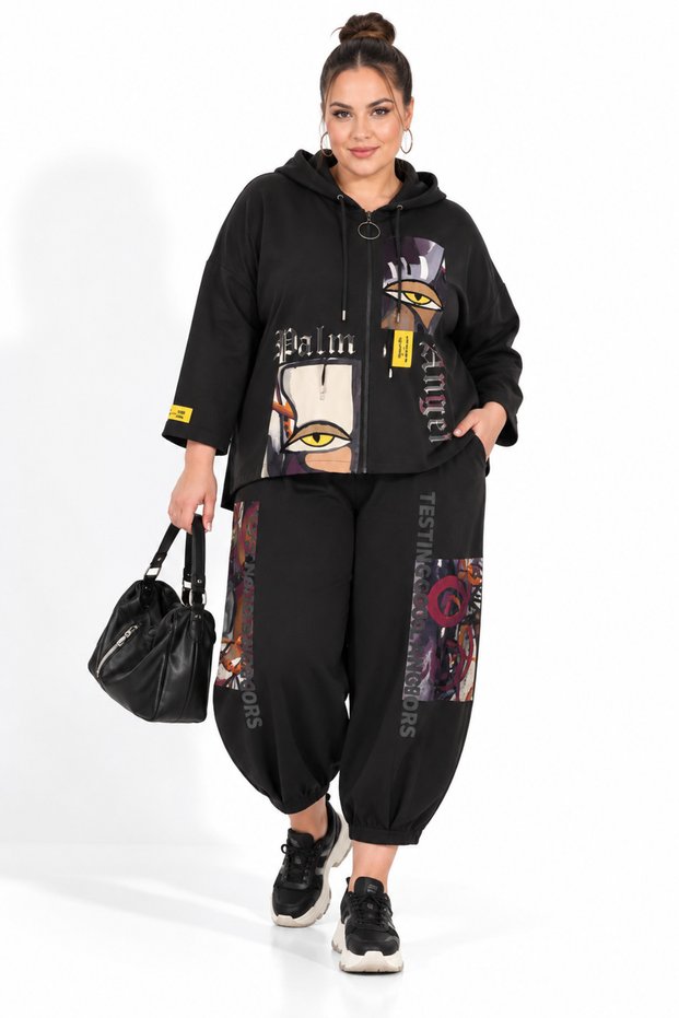 Darkwin Large Size Picasso Series Black Hooded Zipper Bead Embroidered 52-54 Size Pants Suit