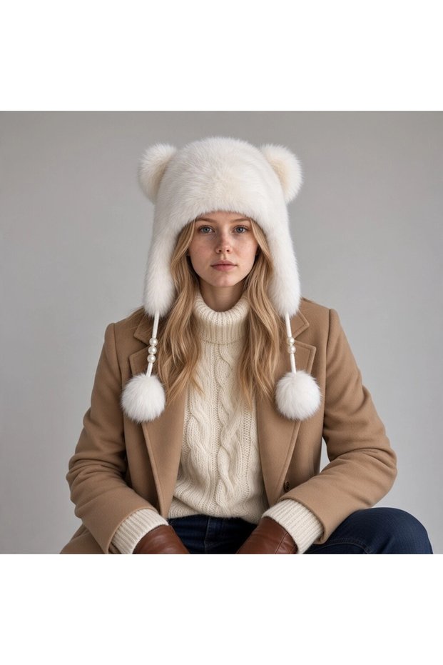 Women's Furry Eared Beret with Teddy Bear Detail, Pearl and Pompom Tie, Plush Winter Hat
