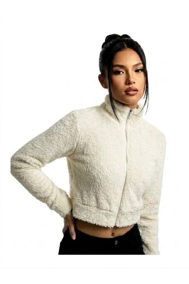 Women's Plush Fabric Slim Fit Front Zipper Crop Top