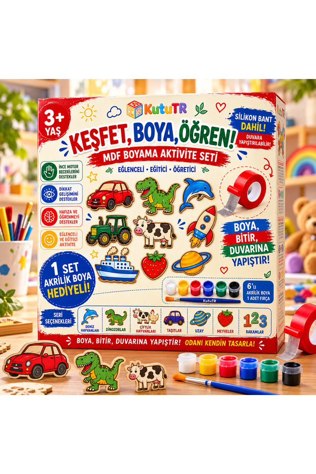 Wooden Painting Set Vehicles 10 Pieces Mdf Figures Acrylic Paint Brush and Tape Ages 3+