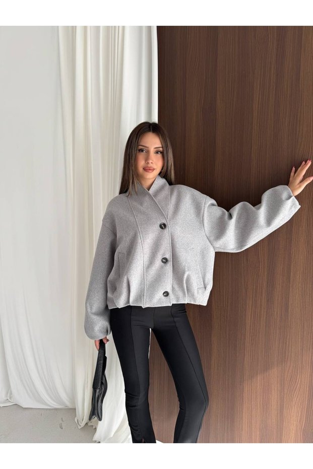 Checked Double-Breasted Collar Buttoned Bomber Jacket