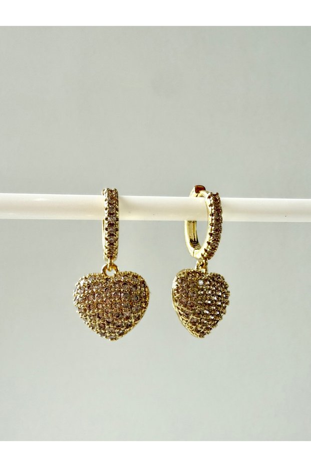 Zircon Stone Dangling Heart Hoop Gold Earrings
