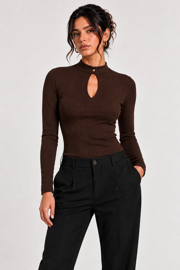 Women's Black Half Turtleneck Button Detailed Drop-Cut Long Sleeve Slim Fit Camisole Blouse
