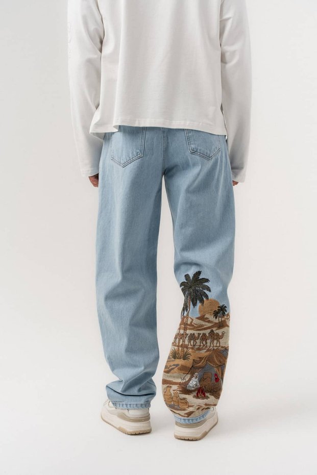 Bedouin Desert Landscape Embroidery Detailed Baggy Jean Men's Trousers
