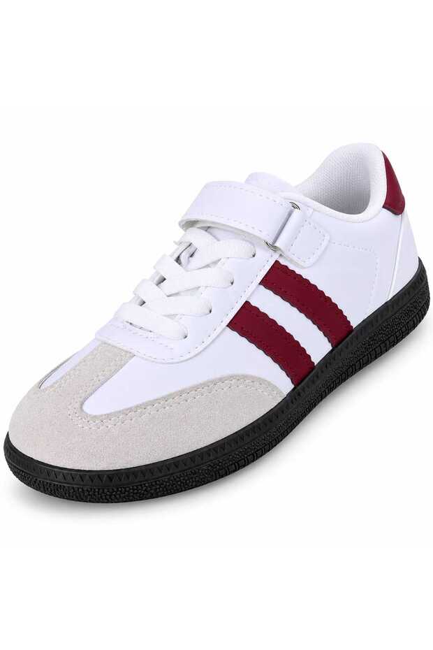 Unisex White Burgundy Thermo Sole Side Striped Velcro-Lace Children's Sports Shoes