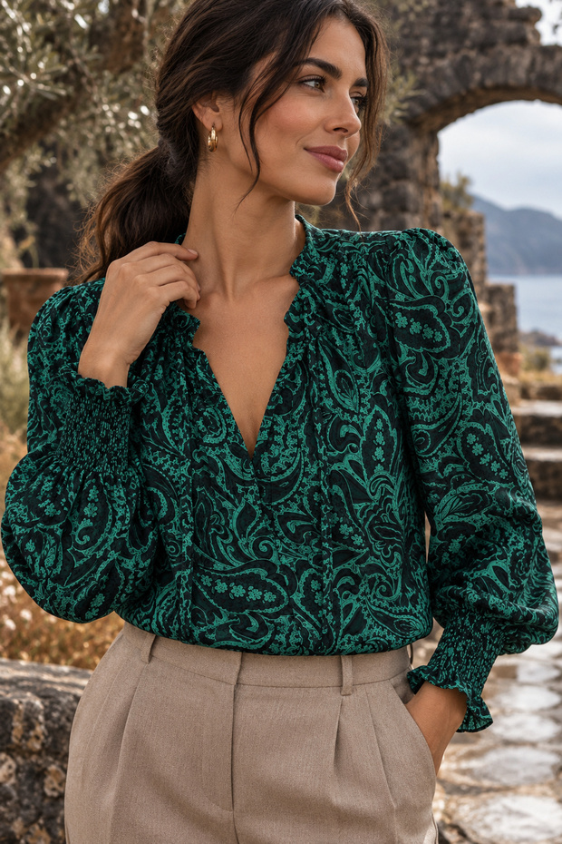 Women's Long Sleeve V-Neck Lace-Up Ethnic Print Single Jersey Blouse - Bohemian Vibes and Sophisticated Elegance