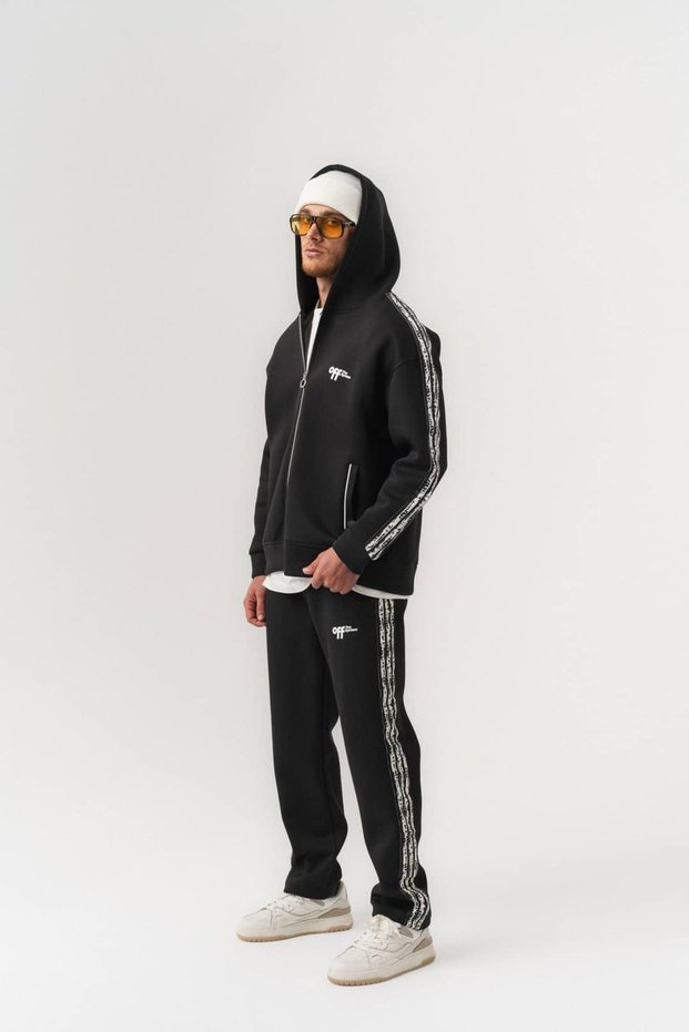 Softline Panda Fabric Hooded Zippered Men's Set with Stripe Detail