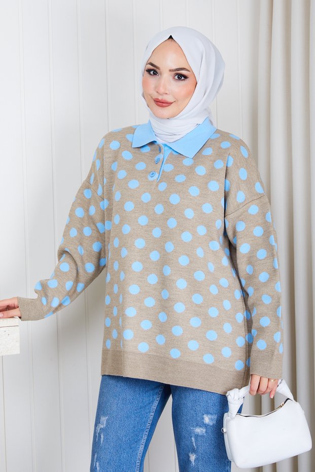 Women's Polo Neck Spotted Knitwear Tunic Sweater
