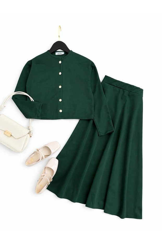 Button Detailed Midi Skirt Suit - Hpm - Green