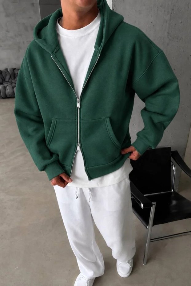 Men's Oversize Double Zippered Nefti Hooded Cardigan with Inner Lining Ke-7029-1