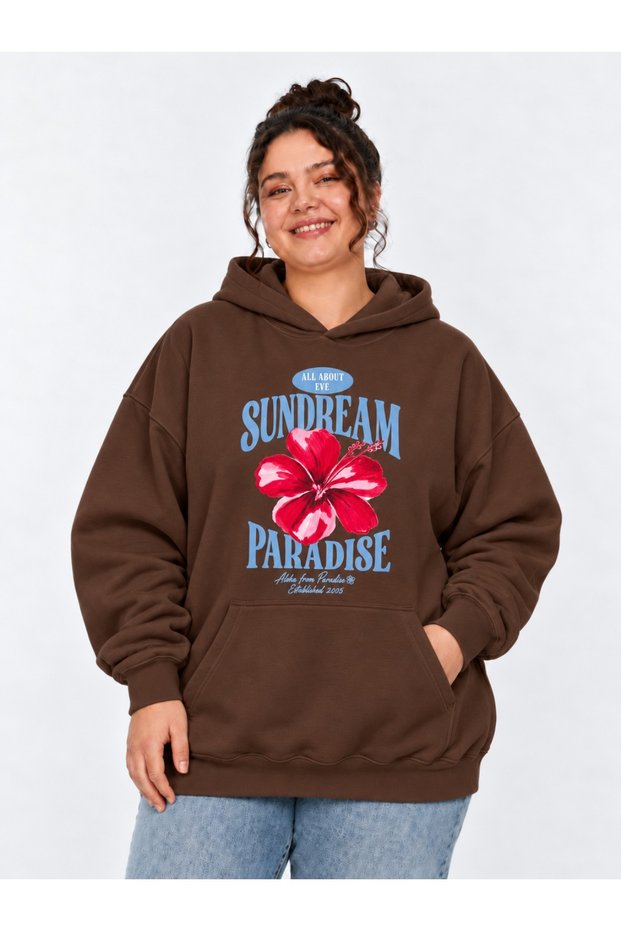 Unisex Brown Oversize 3 Thread Raster Thick Hooded Sweatshirt