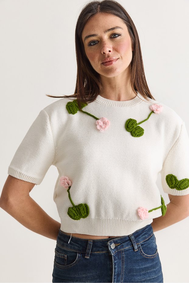 Women's Ecru-Green Floral Appliqué Crew Neck Short Sleeve Crop Knitwear Sweater 5391 60286714