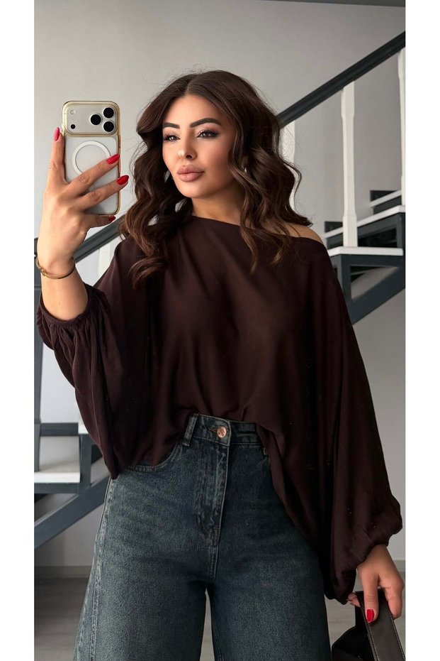 Bitter Brown Boat Neck Bat Sleeve Semi-Transparent Blouse