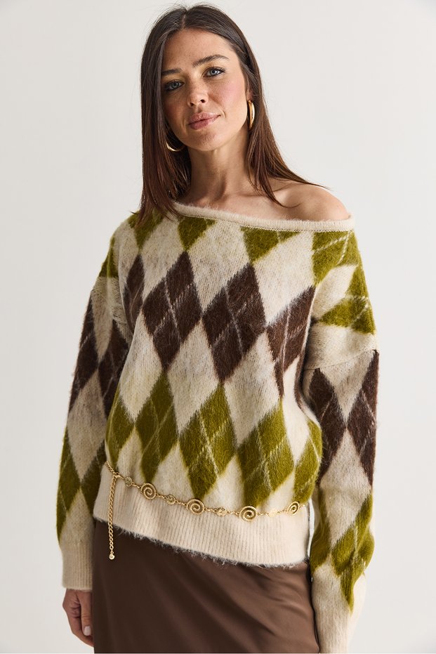 Women's Beige Diamond Patterned Boat Neck Oversize Embroidered Knit Sweater 5231 60286701