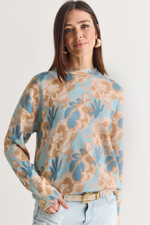 Women's Blue-Brown Patchwork Knitwear Sweater 20234237