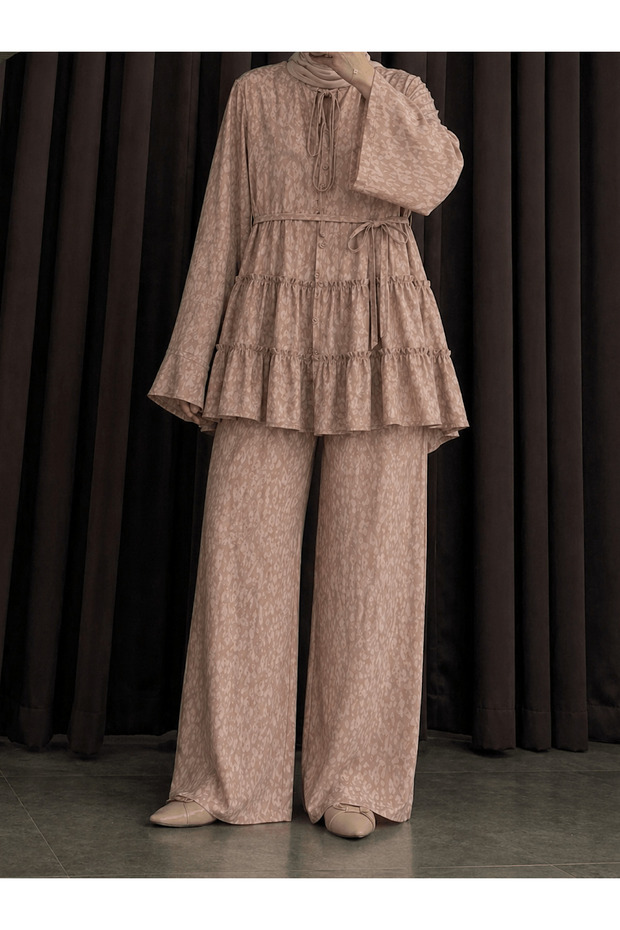Spanish Sleeve Patterned Skirt and Trouser Suit - 3032 - Mink