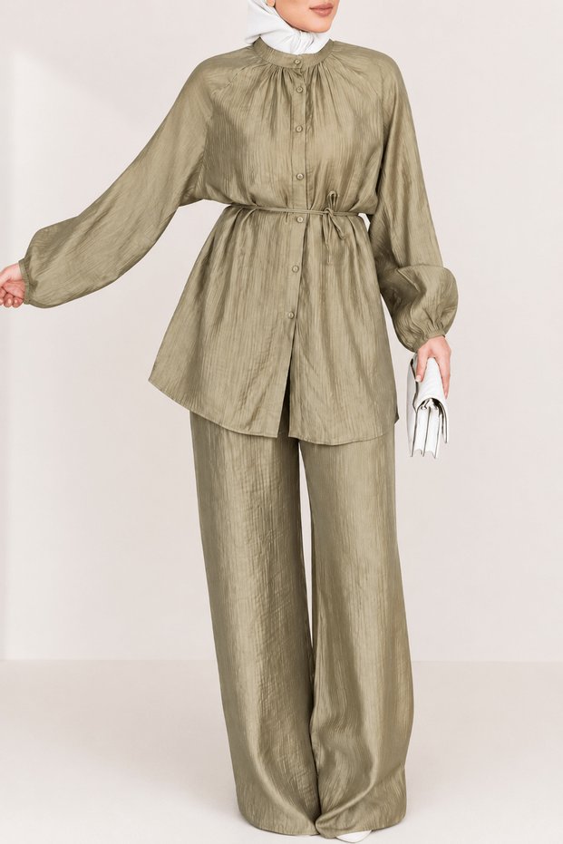 Hakim Lapel Collar Belted Trouser Suit - 2357 - Olive Green